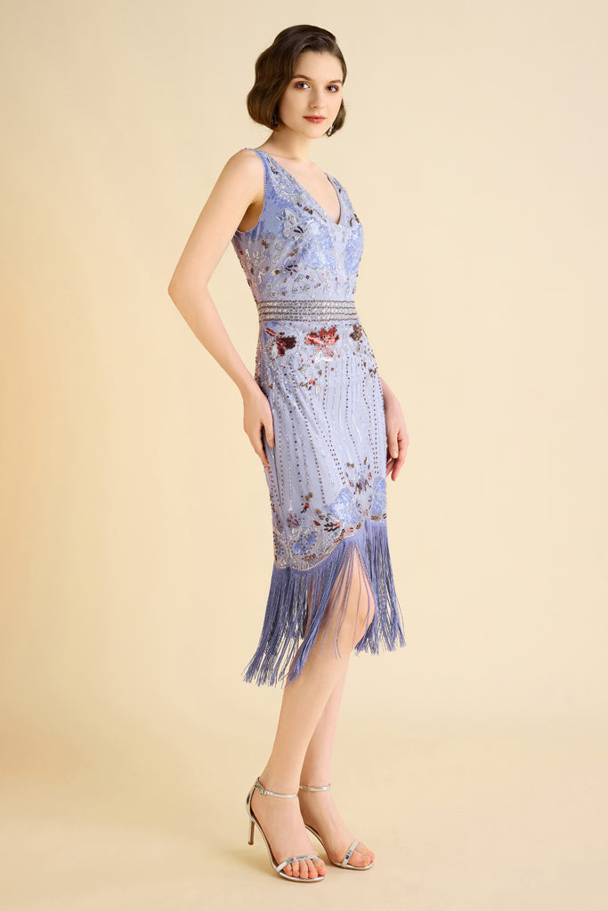 Opulent Floral Beaded Fringe Flapper Dress - Babeyond UK