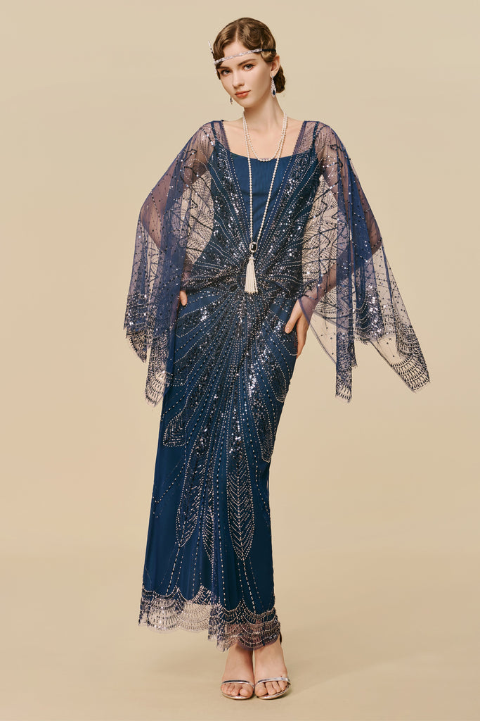 Sapphire Symphony Cape-Sleeve Evening Gown - Babeyond UK