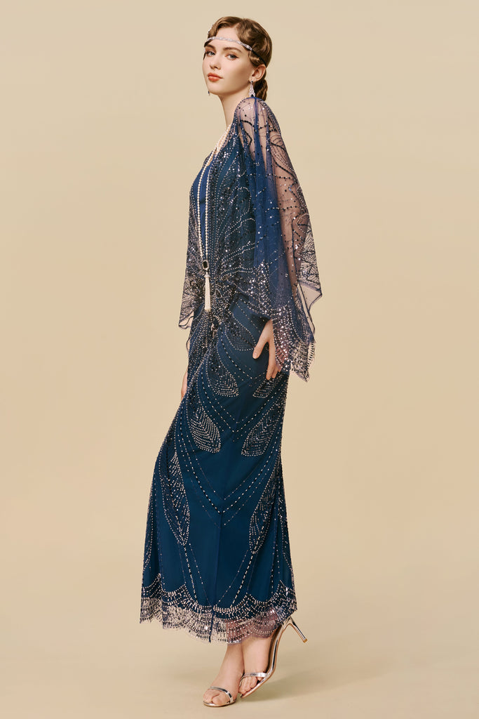 Sapphire Symphony Cape-Sleeve Evening Gown - Babeyond UK