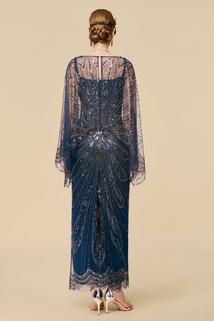 Sapphire Symphony Cape-Sleeve Evening Gown - Babeyond UK