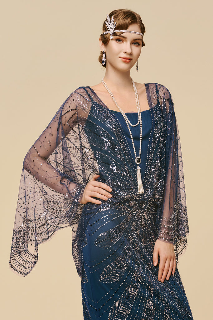 Sapphire Symphony Cape-Sleeve Evening Gown - Babeyond UK