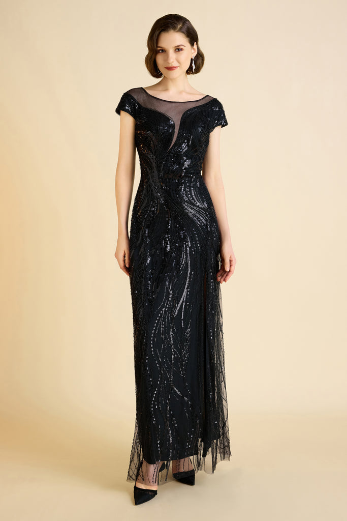 Sophisticated Geometric Flow Beaded Evening Gown - Babeyond UK