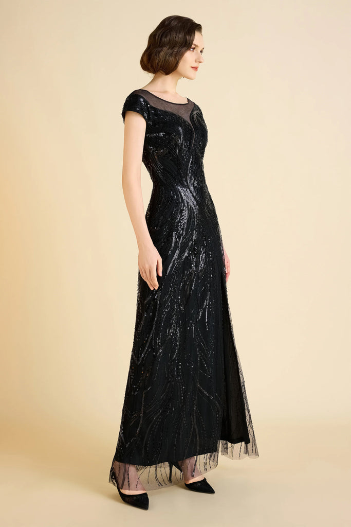 Sophisticated Geometric Flow Beaded Evening Gown - Babeyond UK