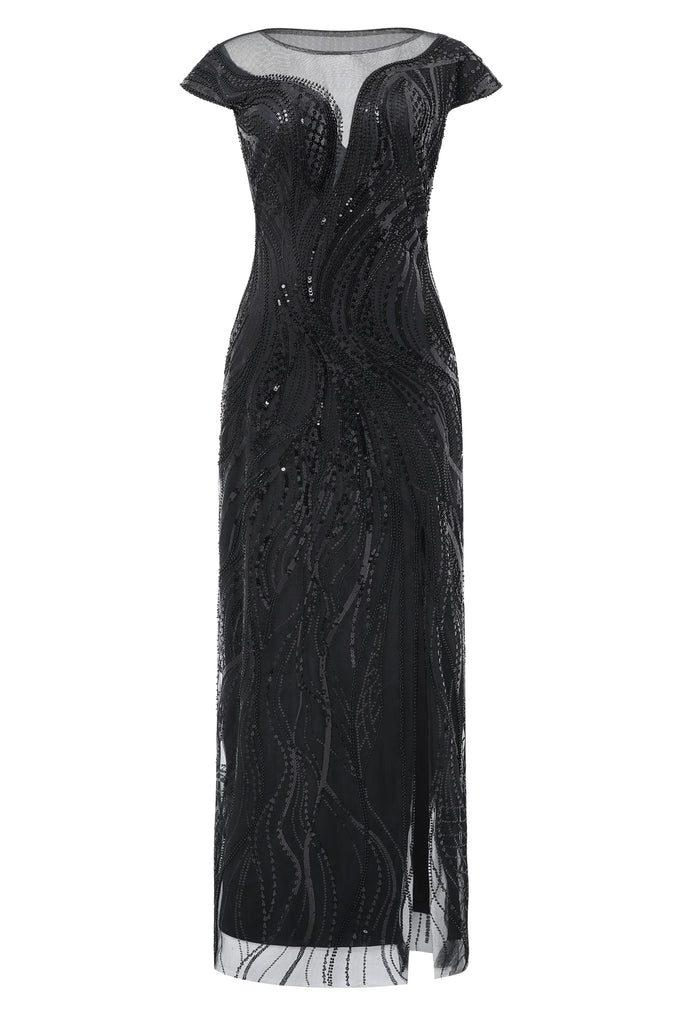 Sophisticated Geometric Flow Beaded Evening Gown - Babeyond UK