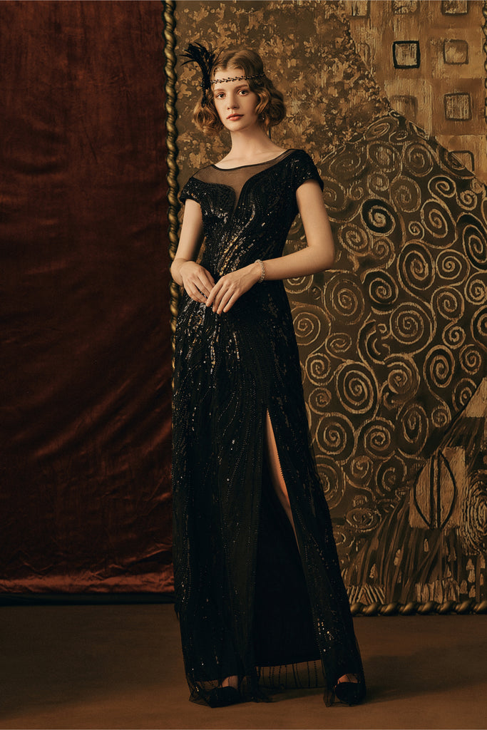 Sophisticated Geometric Flow Beaded Evening Gown - Babeyond UK