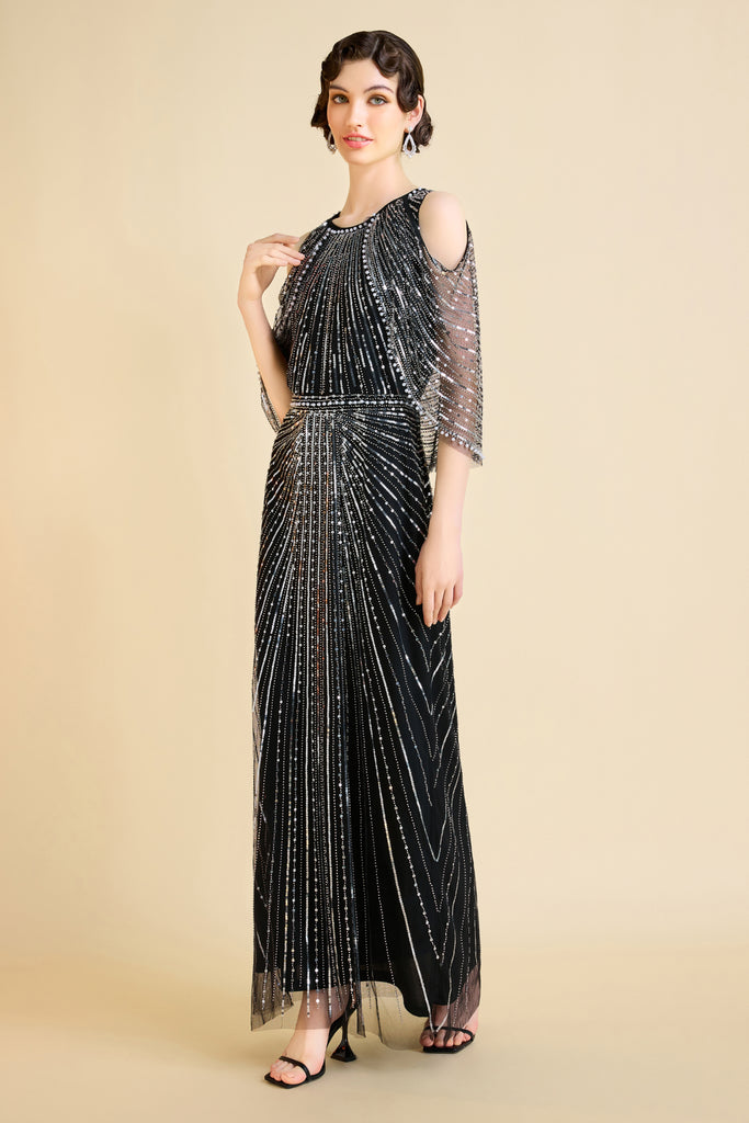 Sparkling Beaded Cape Sleeve Evening Gown - Babeyond UK