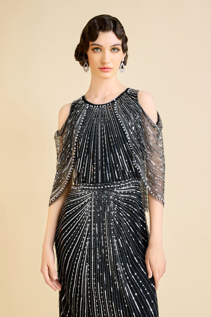 Sparkling Beaded Cape Sleeve Evening Gown - Babeyond UK