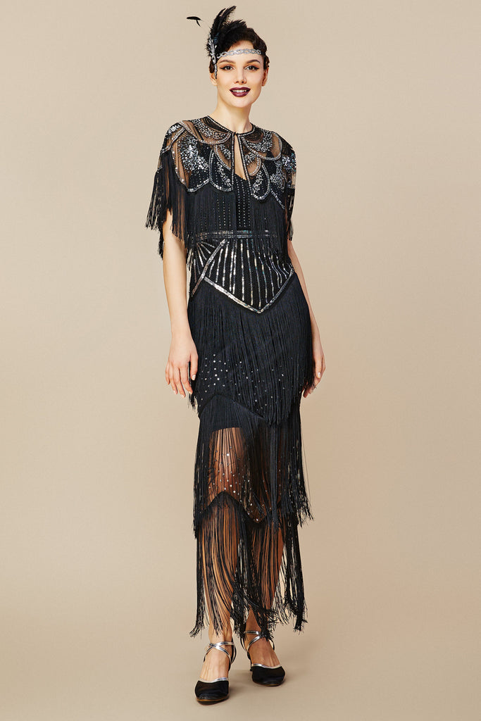 1920s Strap V Neck Sequin Dress With Shawl - Babeyond UK