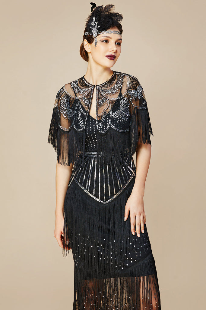 1920s Strap V Neck Sequin Dress With Shawl - Babeyond UK