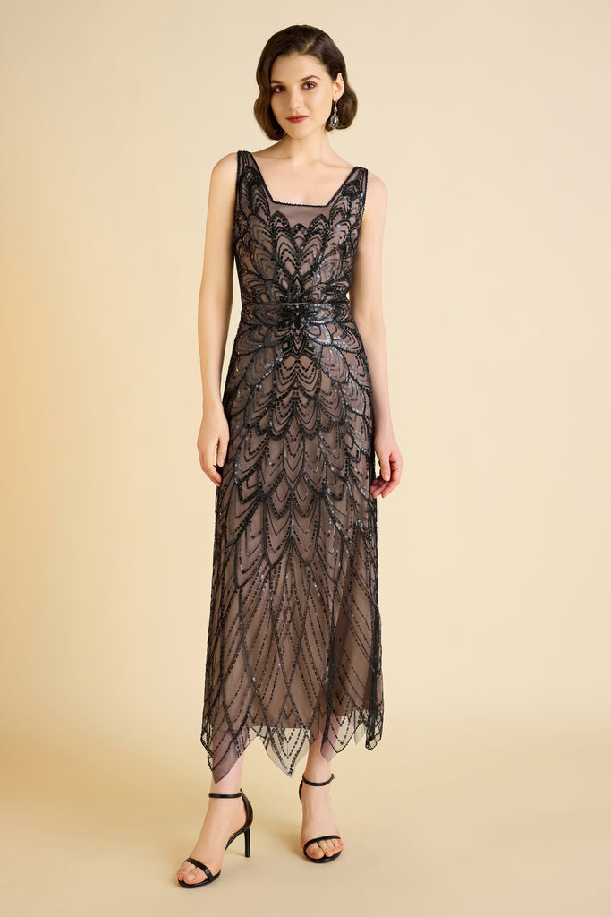 Symmetrical Floral Sequin-Accented Evening Gown - Babeyond UK