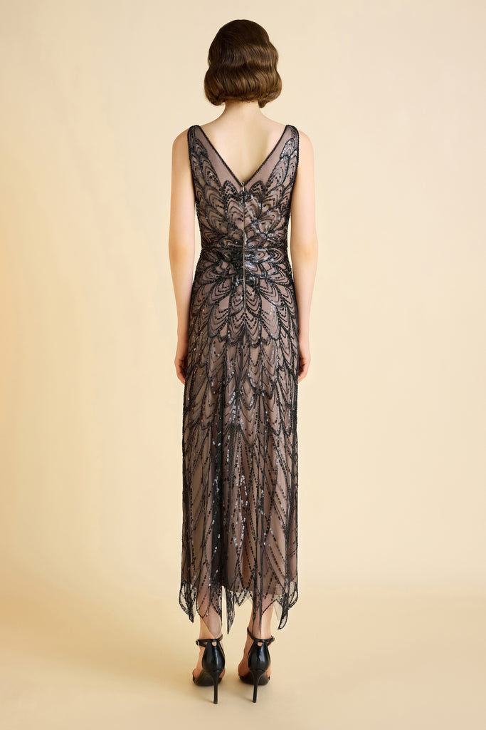 Symmetrical Floral Sequin-Accented Evening Gown - Babeyond UK