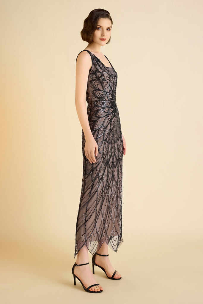 Symmetrical Floral Sequin-Accented Evening Gown - Babeyond UK