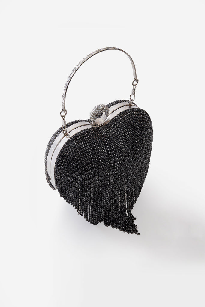 1920s Heart Shape Rhinestone Tassel Clutch - Babeyond UK