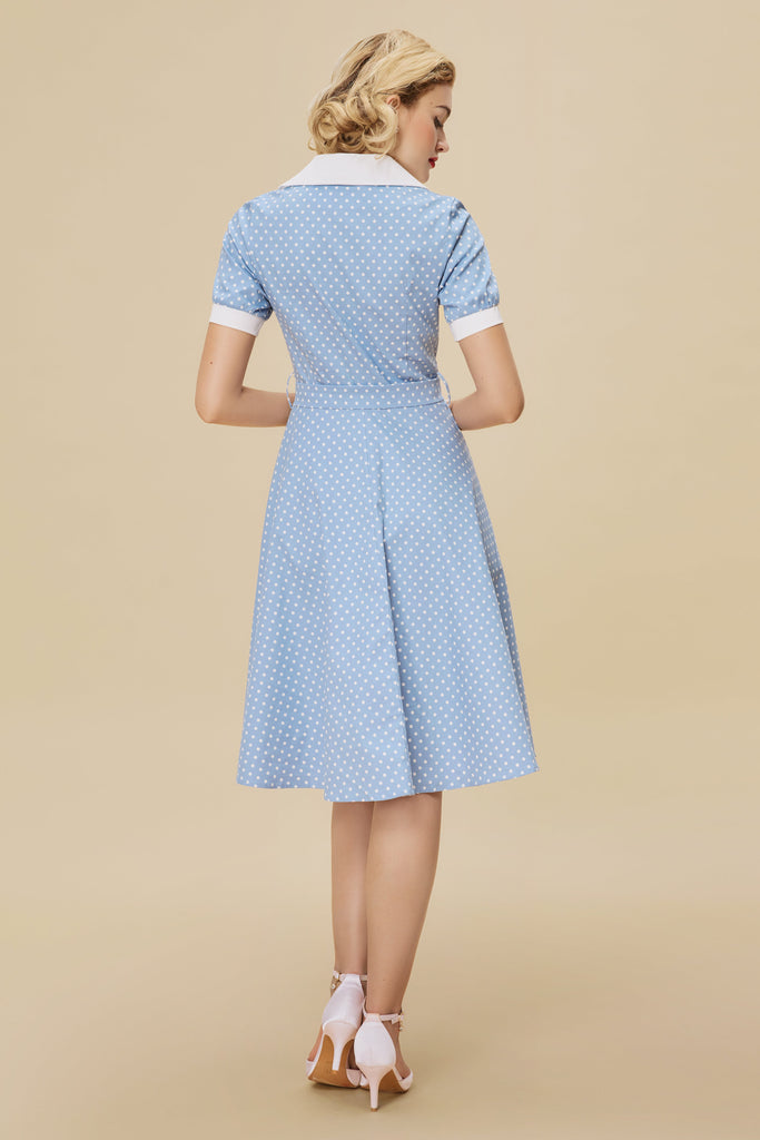 Vintage Blue Polka Dot Belted Swing Dress - Babeyond UK