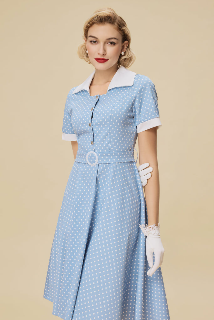 Vintage Blue Polka Dot Belted Swing Dress - Babeyond UK