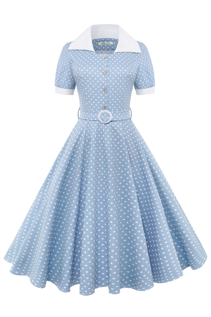 Vintage Blue Polka Dot Belted Swing Dress - Babeyond UK