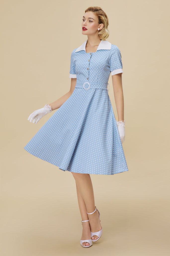 Vintage Blue Polka Dot Belted Swing Dress - Babeyond UK