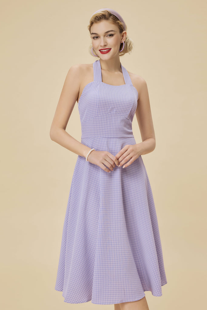 Vintage Purple and White Gingham Halter Swing Dress - Babeyond UK