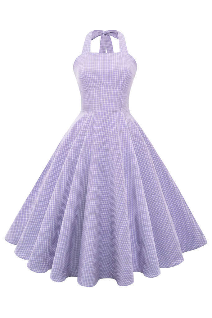 Vintage Purple and White Gingham Halter Swing Dress - Babeyond UK