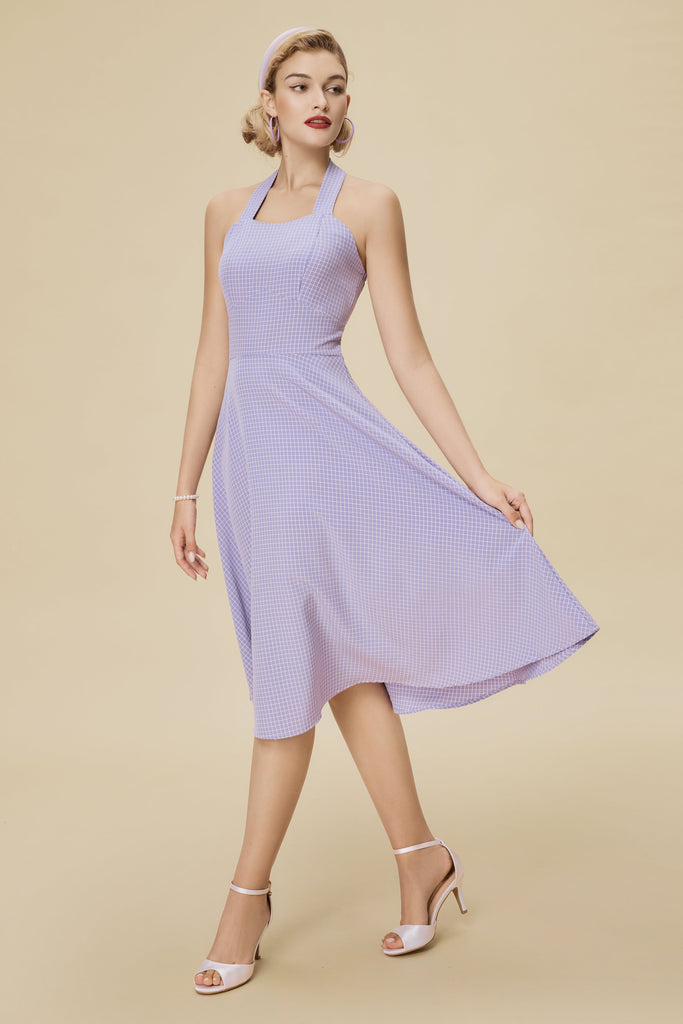 Vintage Purple and White Gingham Halter Swing Dress - Babeyond UK