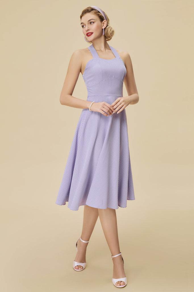 Vintage Purple and White Gingham Halter Swing Dress - Babeyond UK
