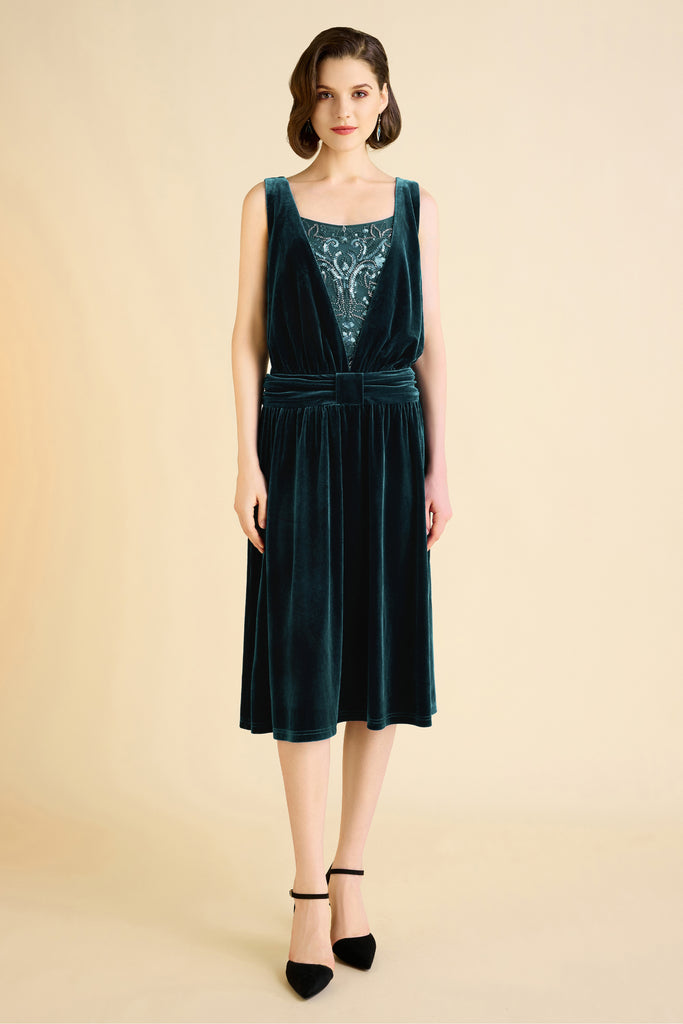 Vintage Velvet Pleated Waist Belt Day Dress - Babeyond UK