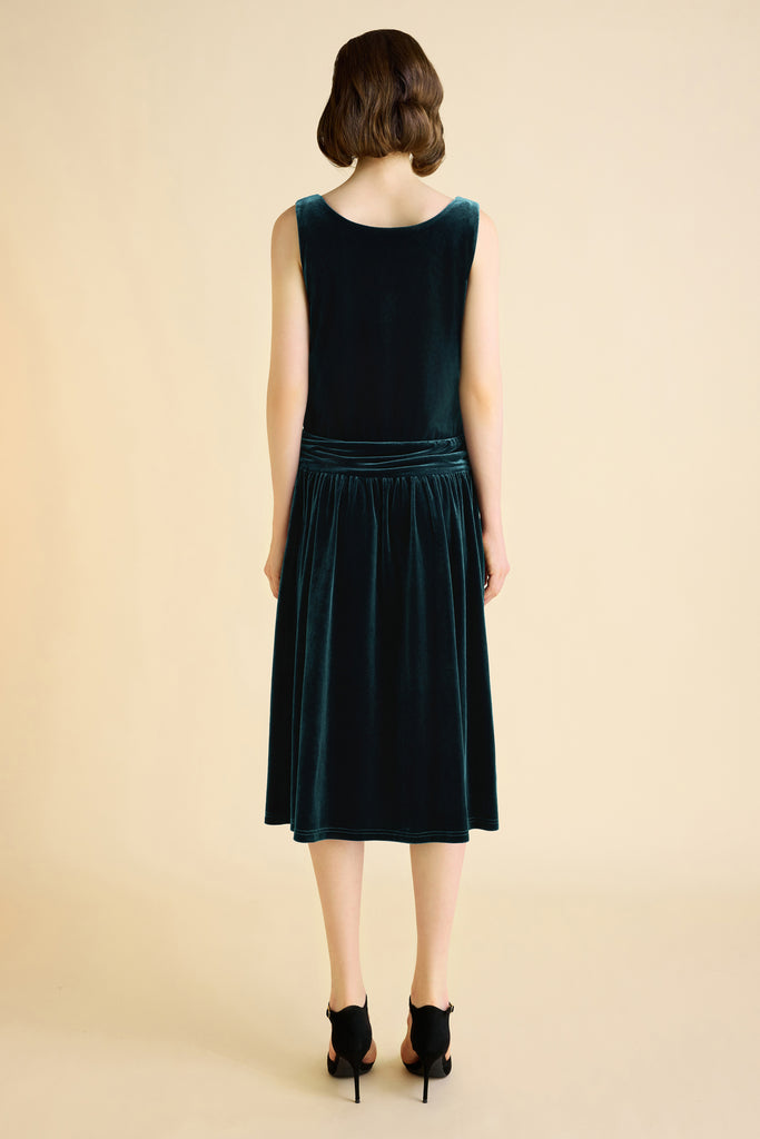 Vintage Velvet Pleated Waist Belt Day Dress - Babeyond UK