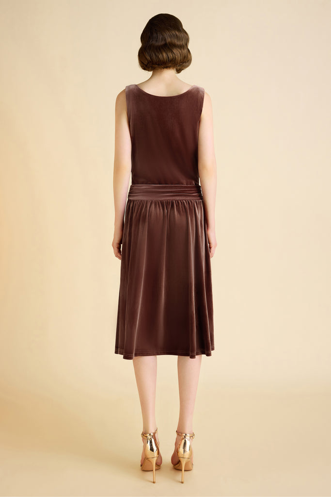 Vintage Velvet Pleated Waist Belt Day Dress - Babeyond UK