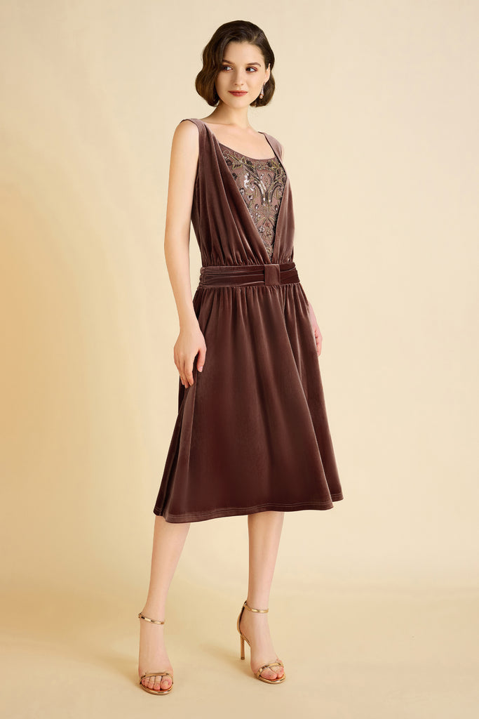 Vintage Velvet Pleated Waist Belt Day Dress - Babeyond UK