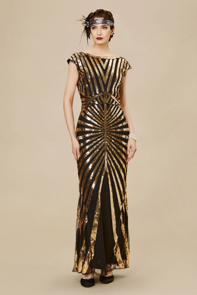 Art Deco Cap Sleeve Sequin Maxi Dress - Babeyond UK