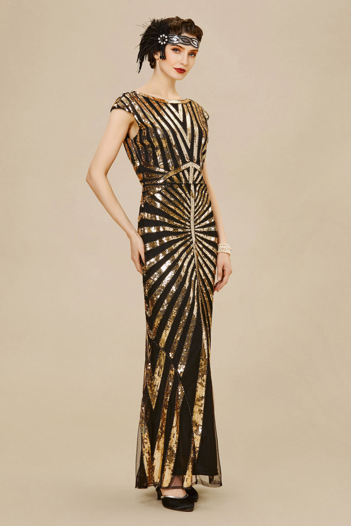 Art Deco Cap Sleeve Sequin Maxi Dress - Babeyond UK