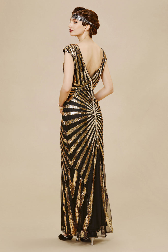 Art Deco Cap Sleeve Sequin Maxi Dress - Babeyond UK