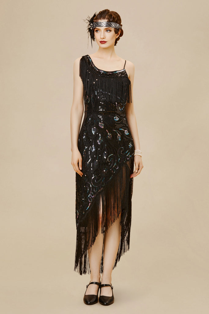 1920s One Shoulder Strap Fringe Midi Dress - Babeyond UK