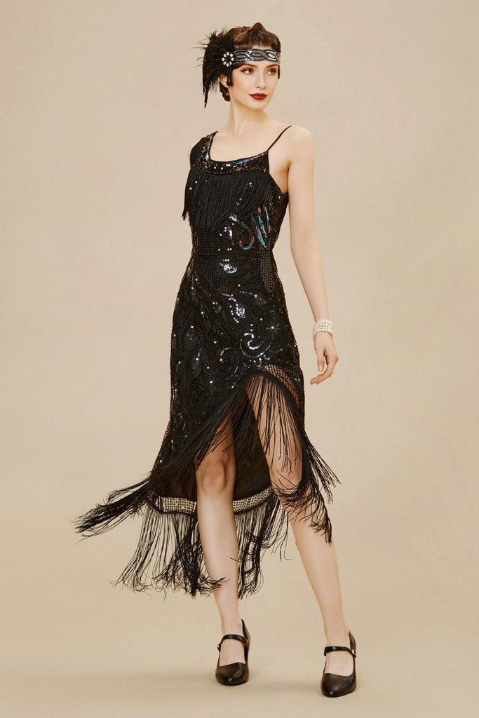 1920s One Shoulder Strap Fringe Midi Dress - Babeyond UK