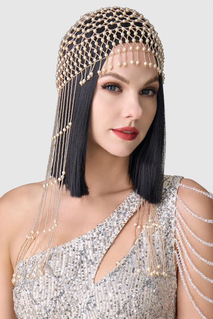 Fully Beaded Pearl Flapper Tassel Cap - Babeyond UK