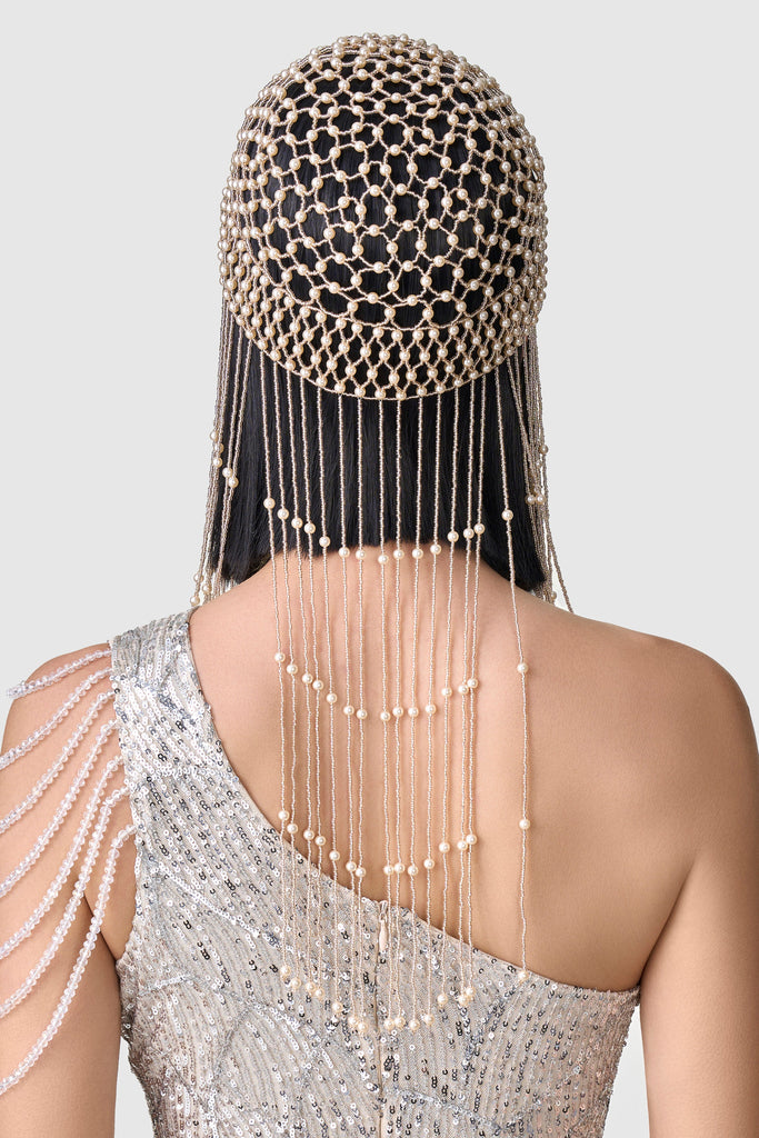 Fully Beaded Pearl Flapper Tassel Cap - Babeyond UK