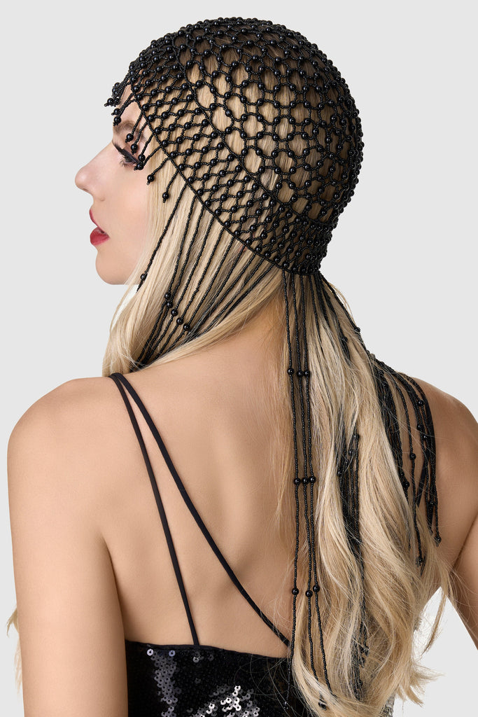 Fully Beaded Pearl Flapper Tassel Cap - Babeyond UK