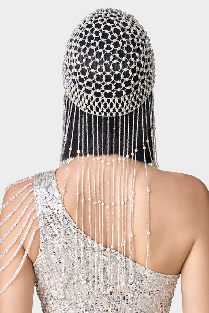 Fully Beaded Pearl Flapper Tassel Cap - Babeyond UK