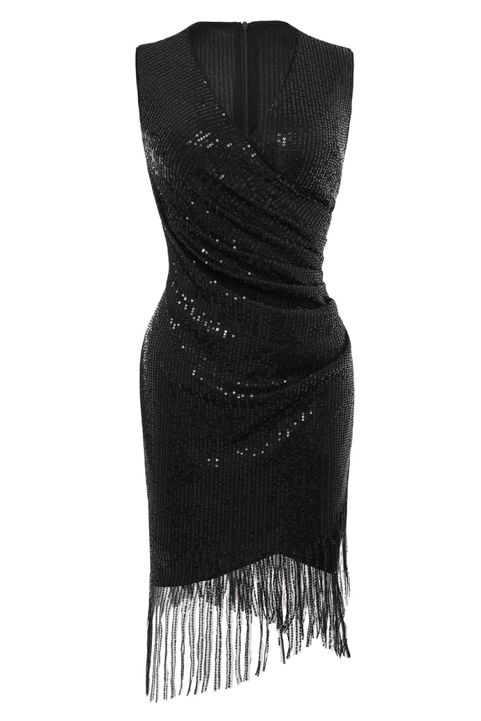 V Neck Tie Sequin Fringe Dress - Babeyond UK