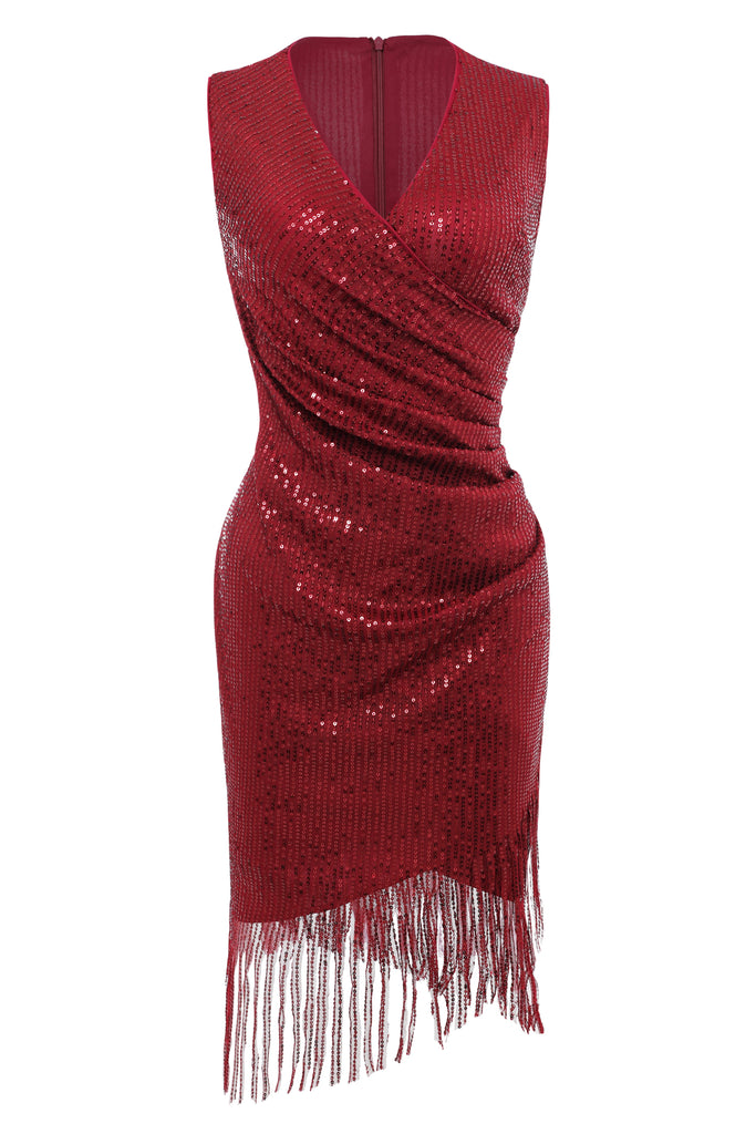 V Neck Tie Sequin Fringe Dress - Babeyond UK