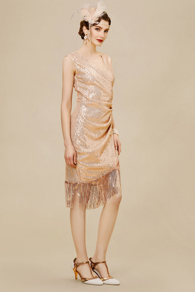 V Neck Tie Sequin Fringe Dress - Babeyond UK