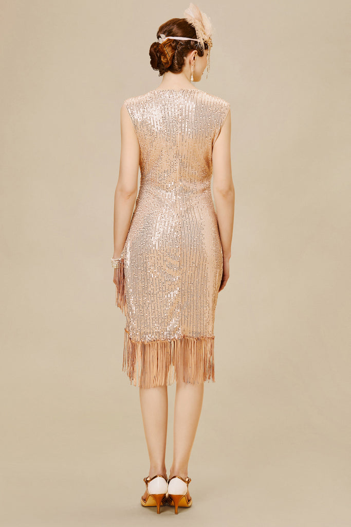 V Neck Tie Sequin Fringe Dress - Babeyond UK